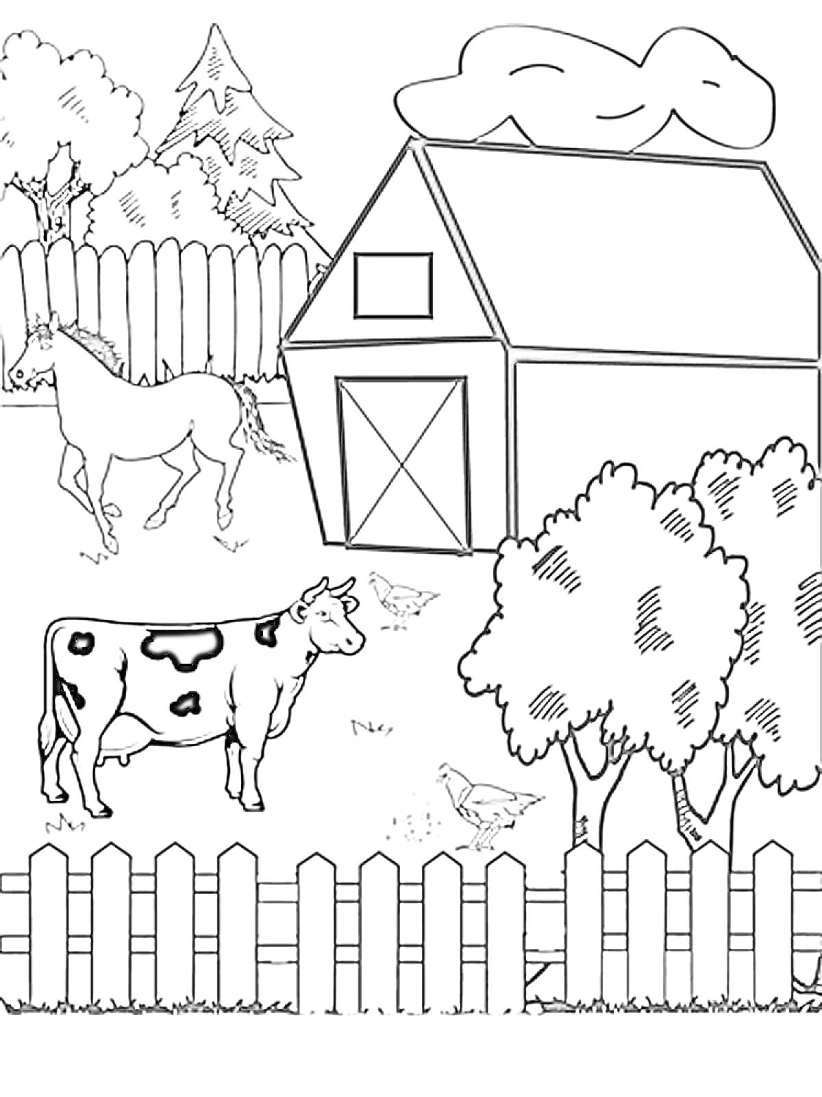 Раскраска Ферма с коровой, лошадью, курицами, сараем, деревьями и забором