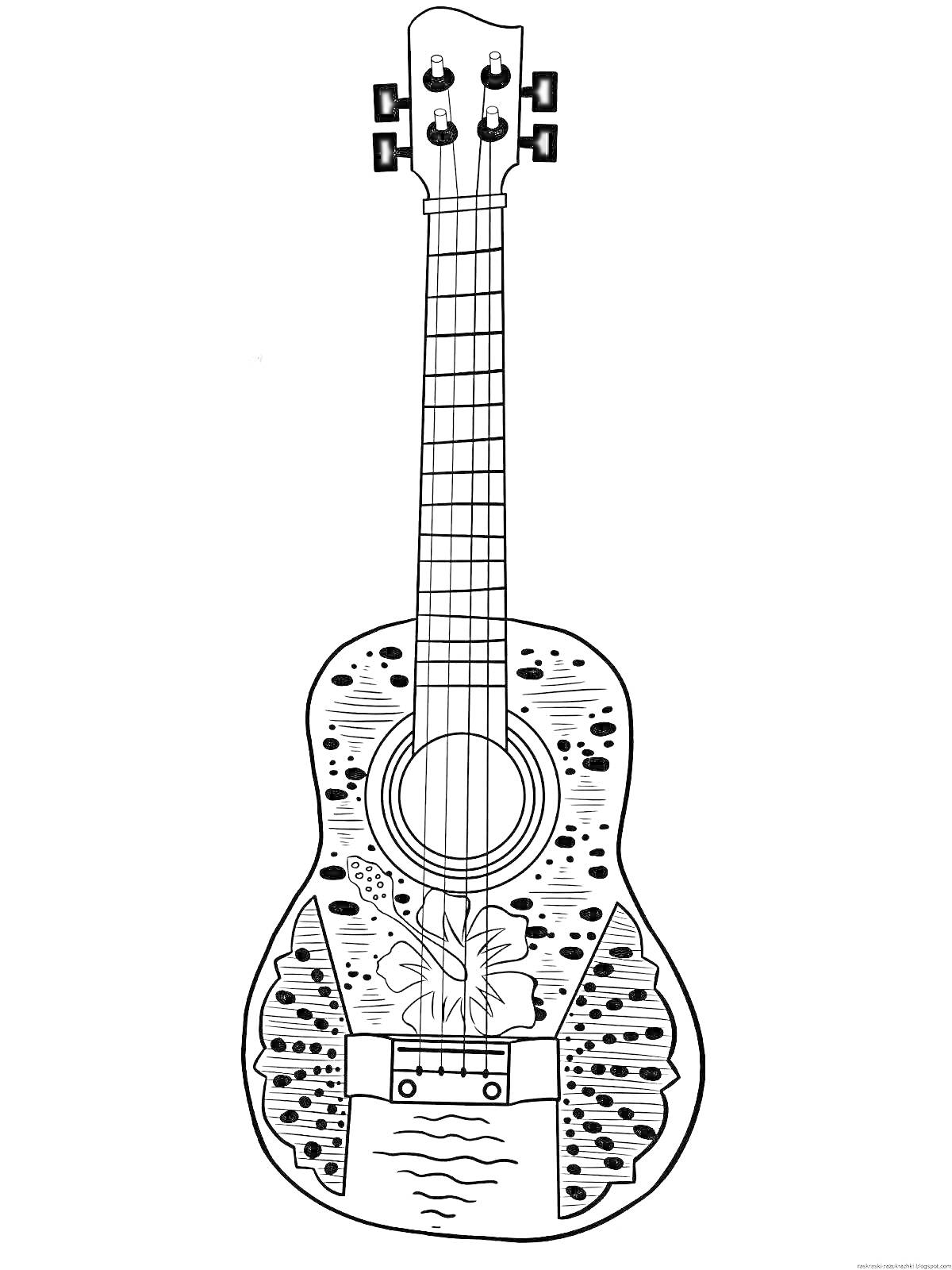 Раскраска Укулеле с декоративным орнаментом, цветы, листья, узоры