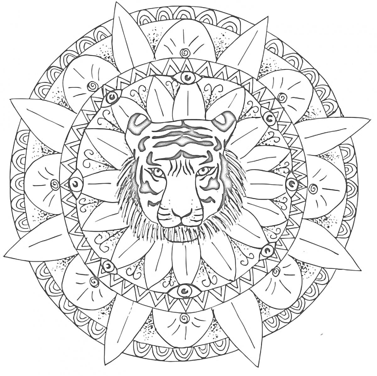 Раскраска Антистресс раскраска с изображением тигра в центре мандалы с лепестками и геометрическими узорами
