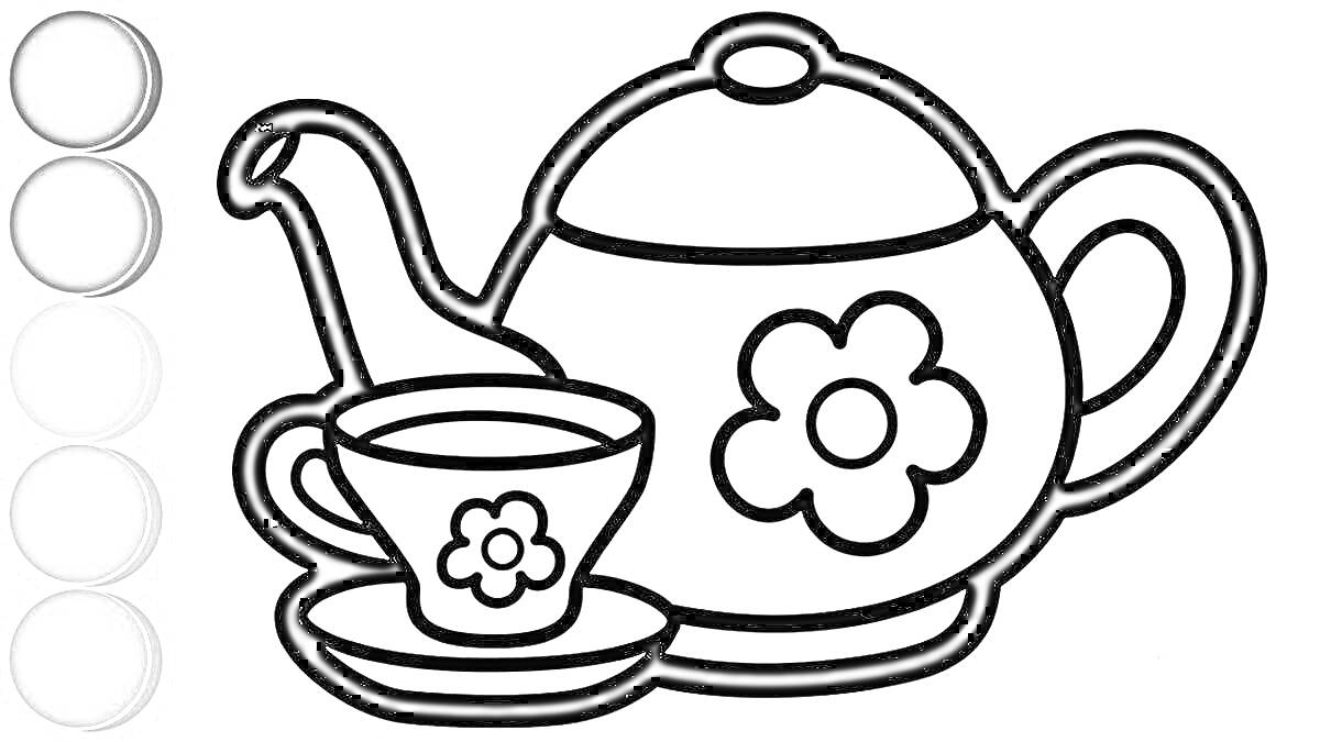 Раскраска Чайный сервиз с чайником и чашкой на блюдце, украшенными цветочками