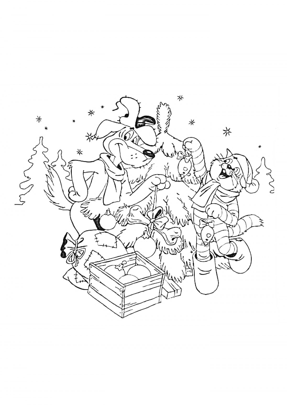 Раскраска Собака и кот в рождественских шапках возле украшенной елки и подарков на зимнем фоне
