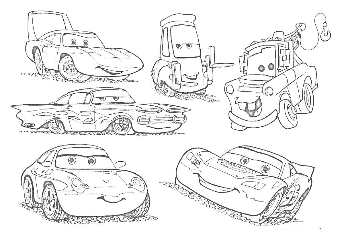 Раскраска Шесть мультяшных машинок: Маквин, эвакуатор, ретро-автомобиль, спортивная машина, Вольфганг и Луиджи
