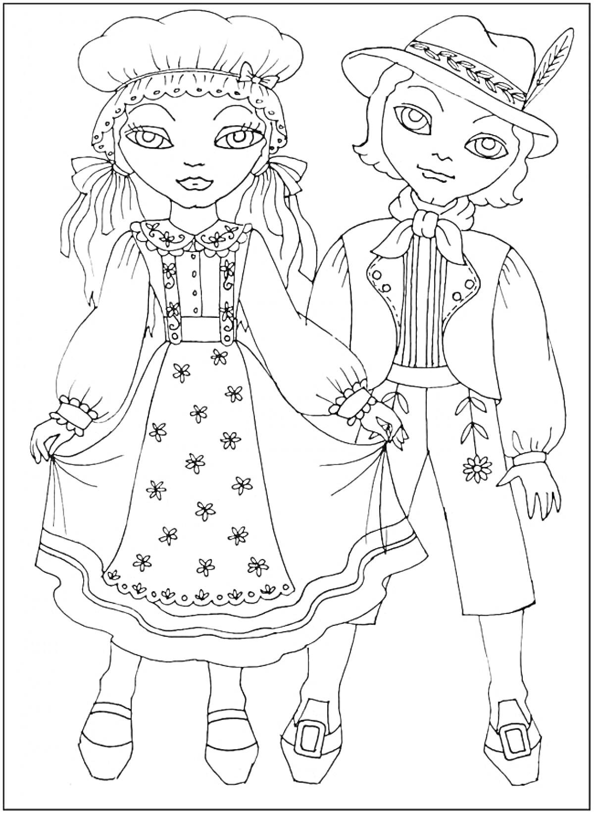 Раскраска Дети в традиционных костюмах. Ребенок слева в платье с передником и чепчиком, ребенок справа в жилете, шляпе с пером и брюках с вышивкой.