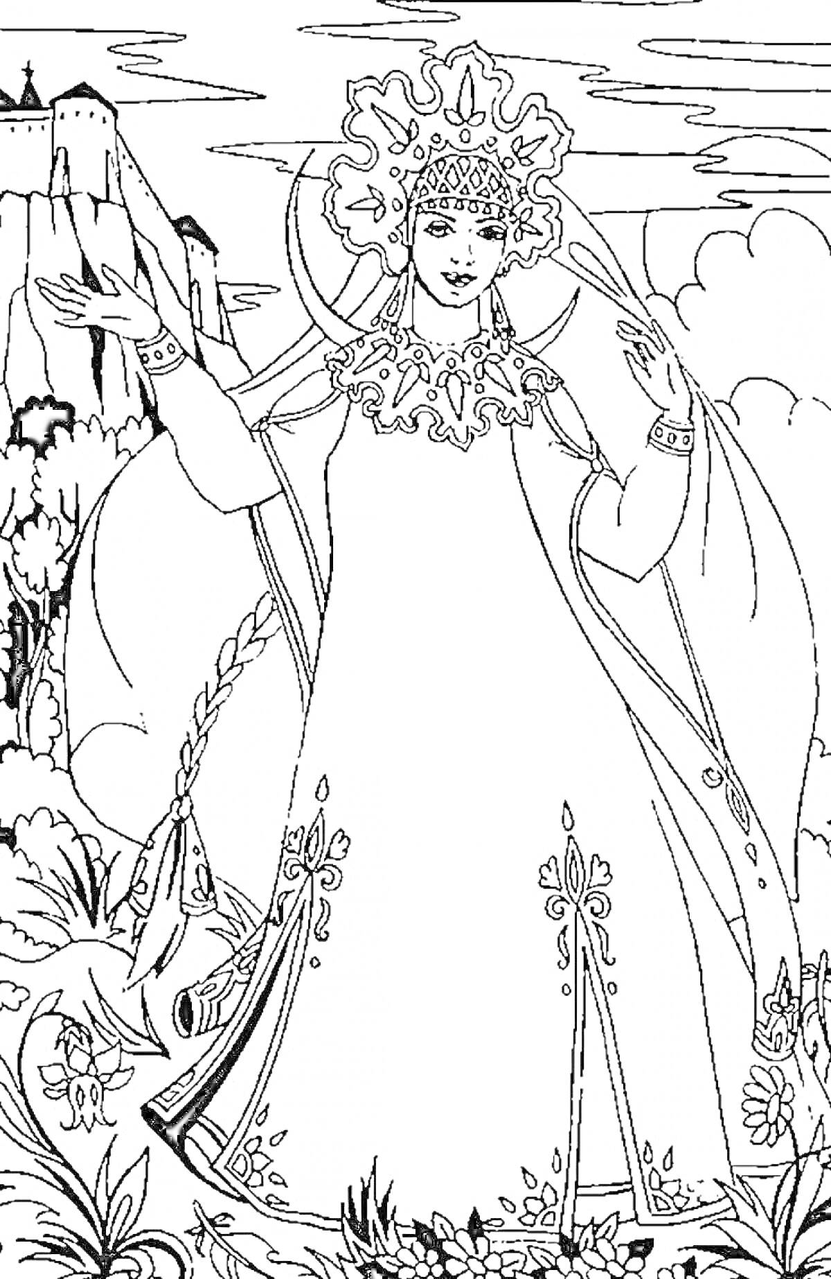 Раскраска Царевна в длинном платье с кокошником на фоне дворца и пейзажа с облаками и лошадью