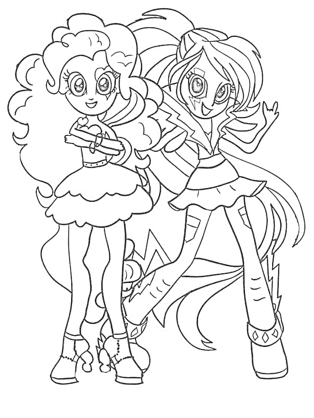 Раскраска Две девушки Эквестрия Герлз, одна с кудрявыми волосами и платьем, другая с длинными волосами и юбкой, обе стоят в полный рост
