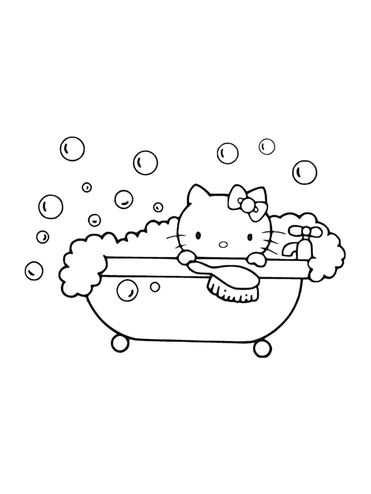 На раскраске изображено: Ванна, Пена, Пузыри, Вода, Расслабление, Бант, Кот