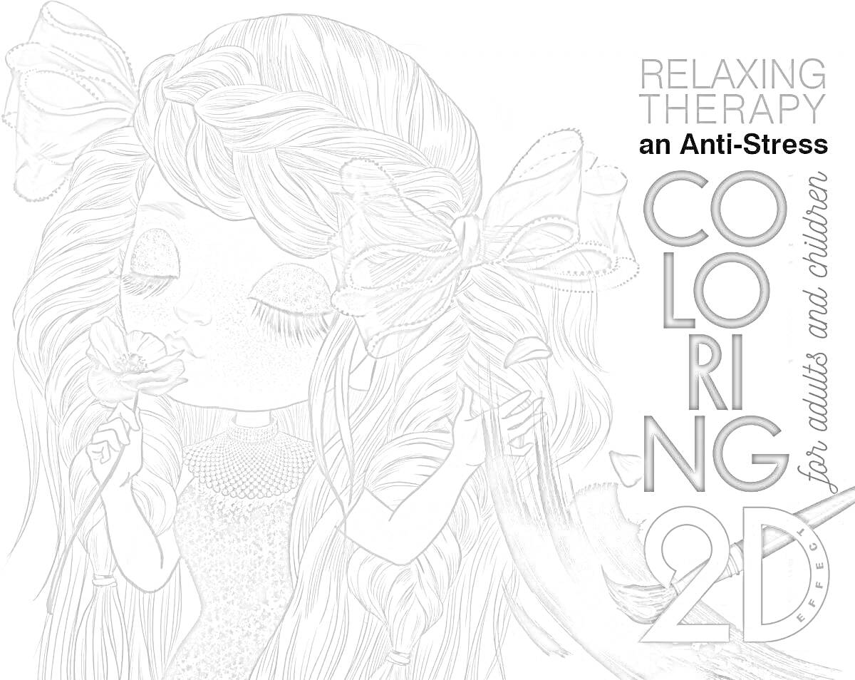 Раскраска Девочка с цветком в волосах с бантиками