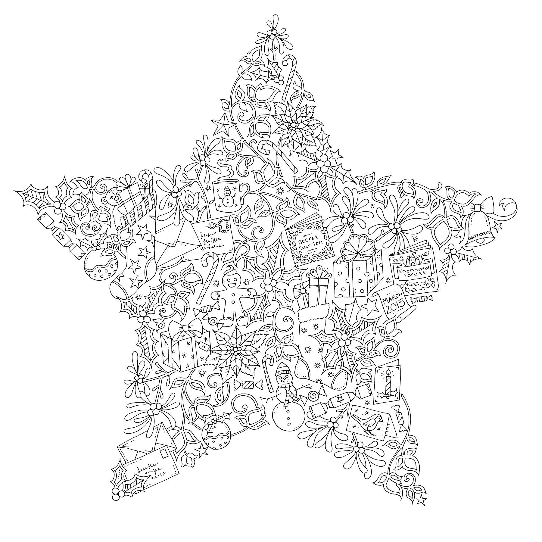 Раскраска Звезда с новогодними элементами (подарки, снежинки, конфеты, шарики, елочные украшения, снежные люди, звезды, новогодние шары)