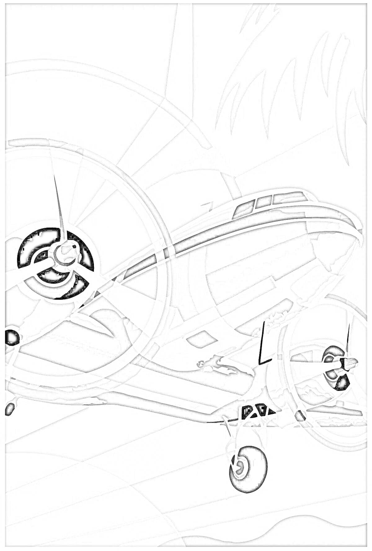 Раскраска Самолет с винтовыми двигателями на фоне пальм
