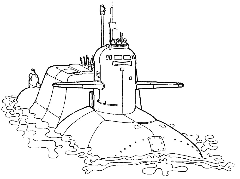 На раскраске изображено: Подводная лодка, Вода, Море, Корабль, Плавание, Перископ, Поверхность, Человек