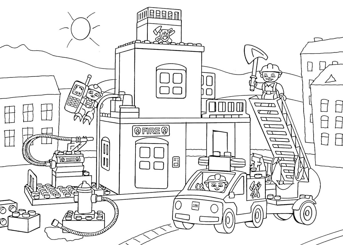 На раскраске изображено: Лего, Полиция, Полицейский участок, Полицейский автомобиль, Пожарная машина, Лестница, Вертолет, Здание, Игрушки