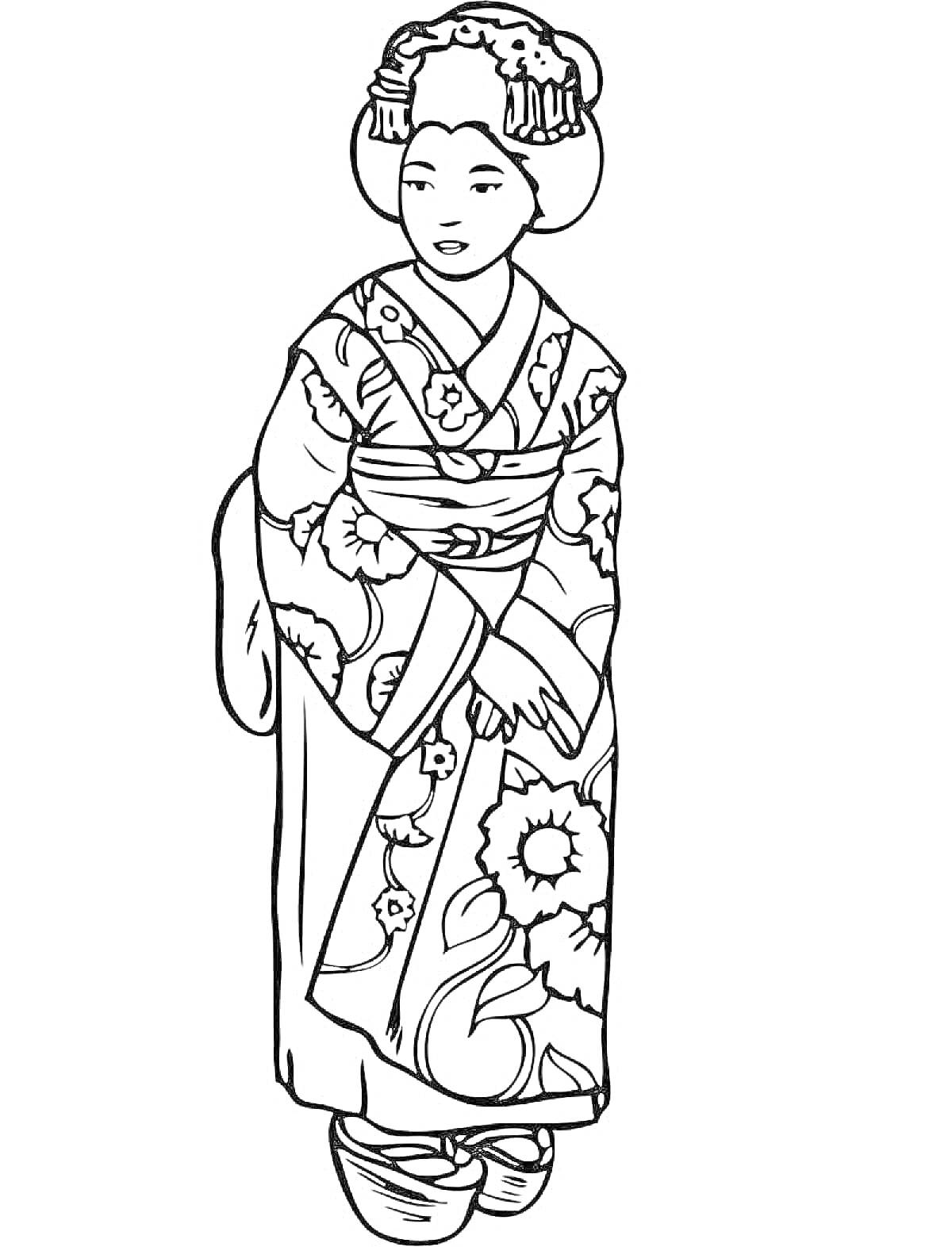 На раскраске изображено: Азия, Традиционная одежда, Кимоно, Женщина, Цветочный узор, Культура, Искусство, Японский стиль