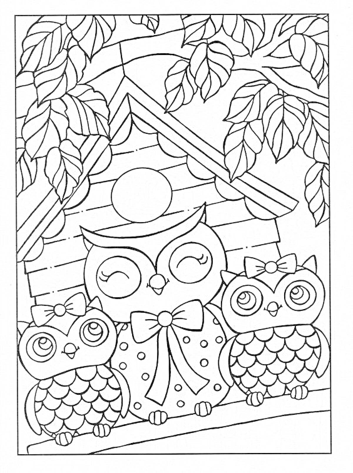 Раскраска Дом совы с тремя совами на ветке, окруженными листьями