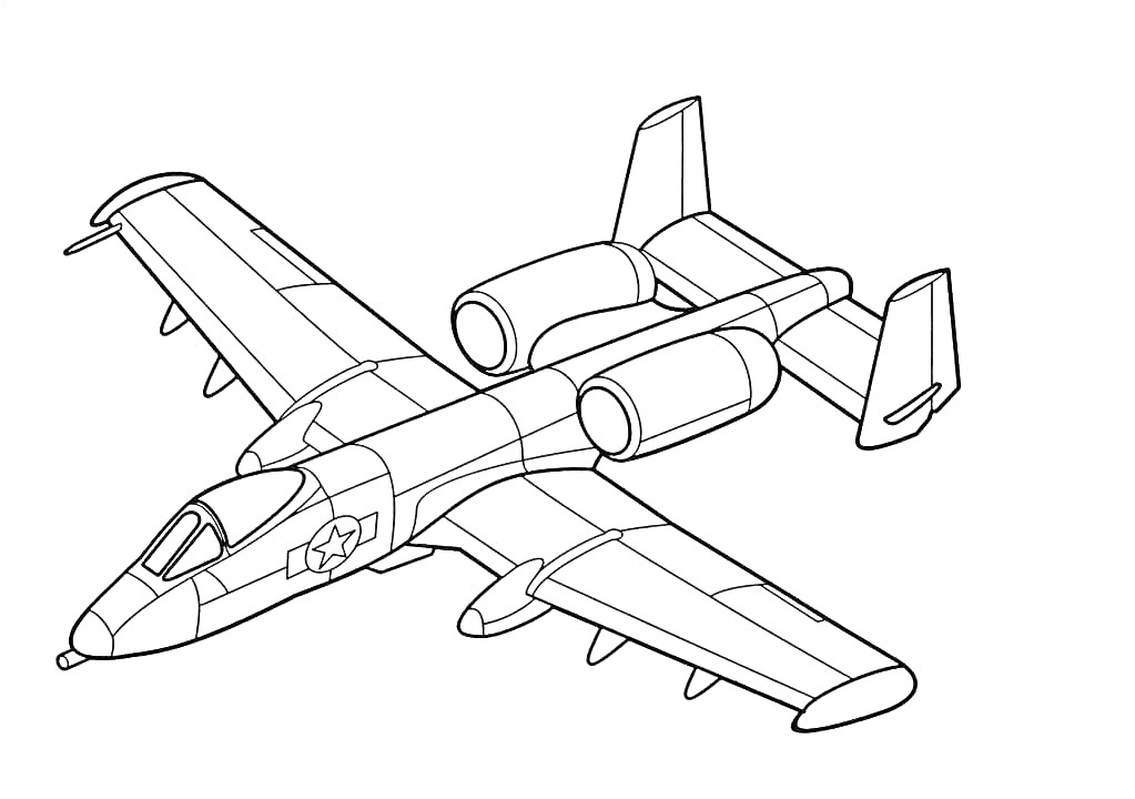 Раскраска Самолет с двумя двигателями и эмблемой на фюзеляже