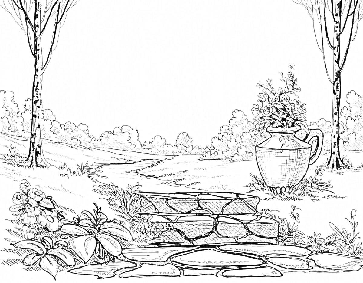 Раскраска Дорожка в саду с каменными ступенями, цветущей вазой и деревьями
