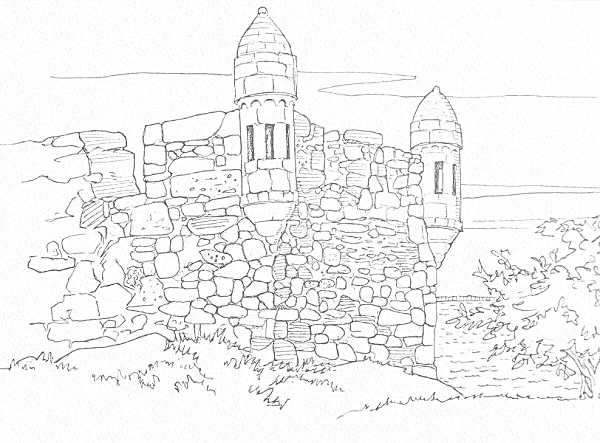 Раскраска Старинная крепость с двумя башнями на фоне моря и растительности