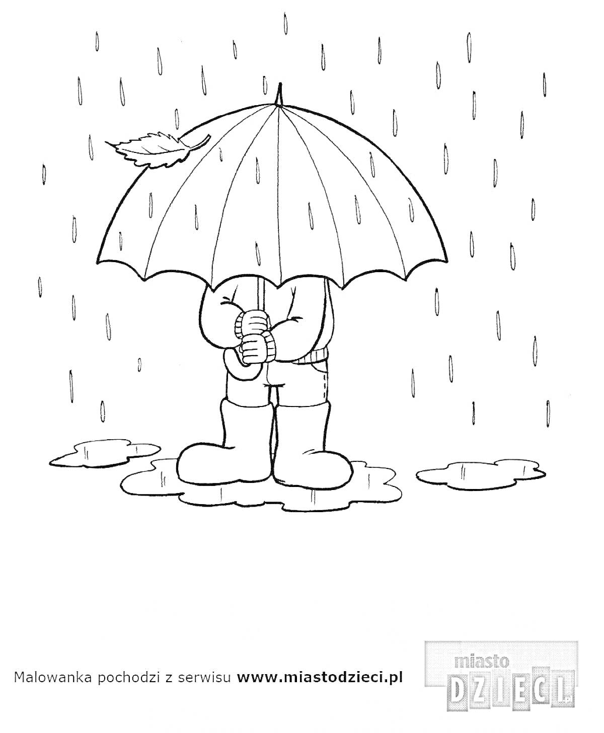 На раскраске изображено: Ребенок, Зонт, Осень, Дождь, Капли