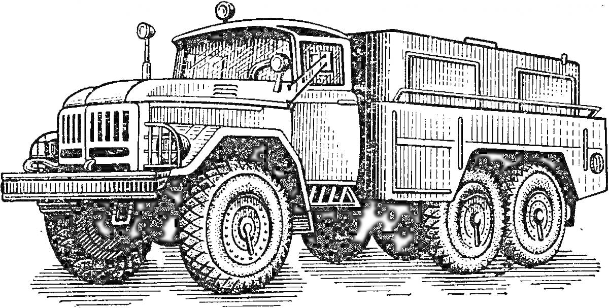 Раскраска Грузовой автомобиль Урал с массивными колесами, кабиной и кузовом по типу фургона