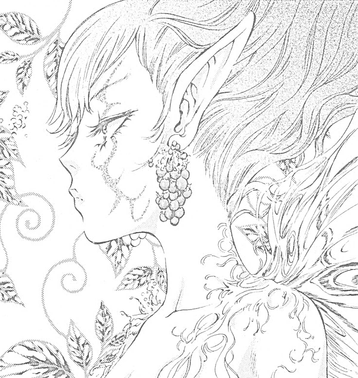 Раскраска Эльфийская девушка с длинными ушами и серёжками в виде виноградной грозди, с татуировкой на шее и украшениями на крыльях, на фоне листьев и завитков