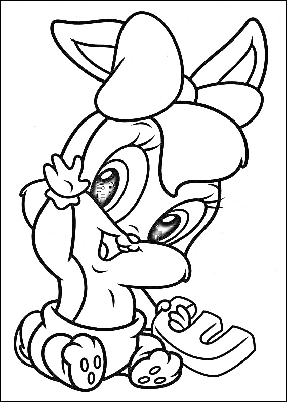 Раскраска Малышевый персонаж из Луни Тюнз с бантом, сидящий и держащий букву 