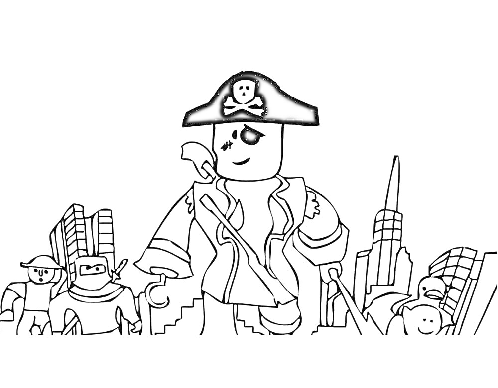 На раскраске изображено: Роблокс, Пираты, Высотки, Здания, Сабля, Персонаж, Города