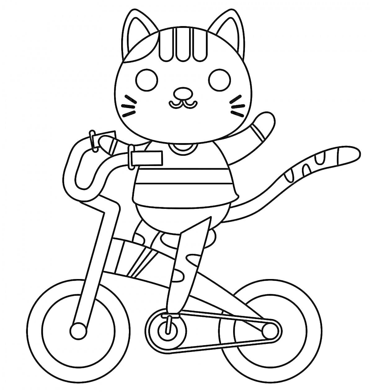 Раскраска Котенок Бубу на велосипеде с поднятой лапой