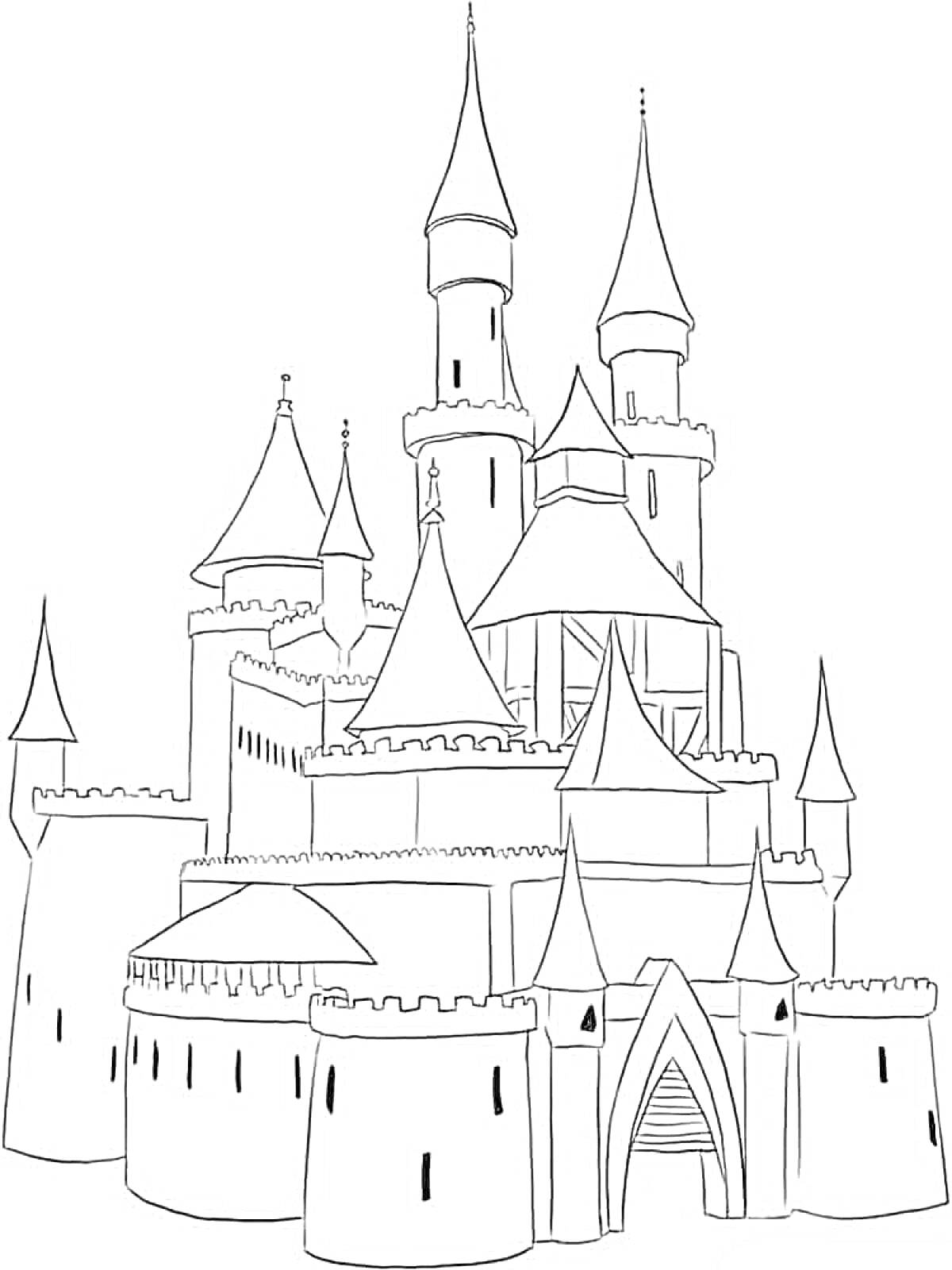 Раскраска Замок с башнями и воротами