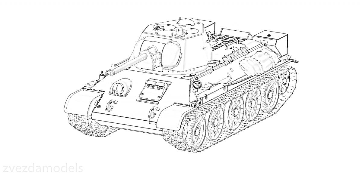 На раскраске изображено: Танк, Т-34, Средний танк, Военная техника, Пушка, Гусеницы, Бронетехника