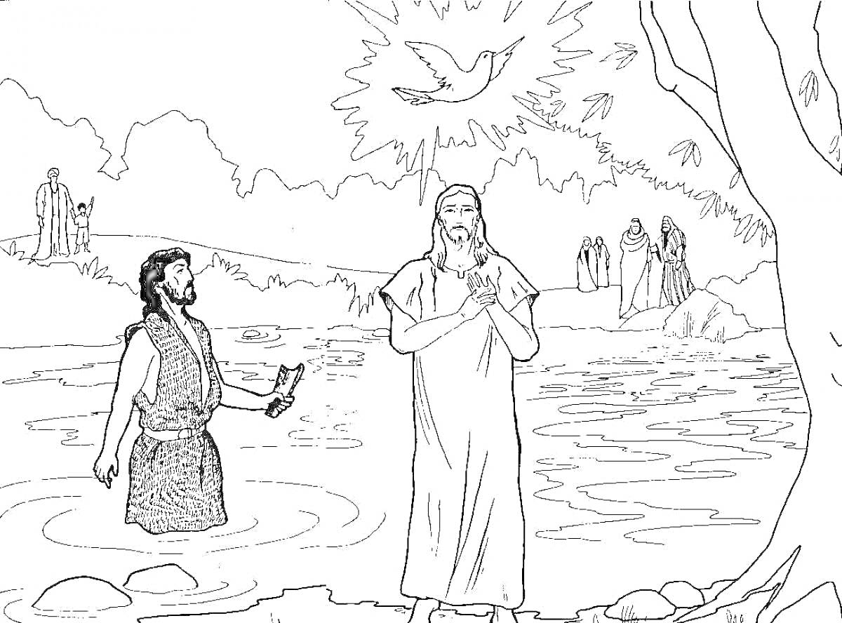 На раскраске изображено: Крещение, Русь, Религия, Священник, Вода, Река, Природа, Историческое событие