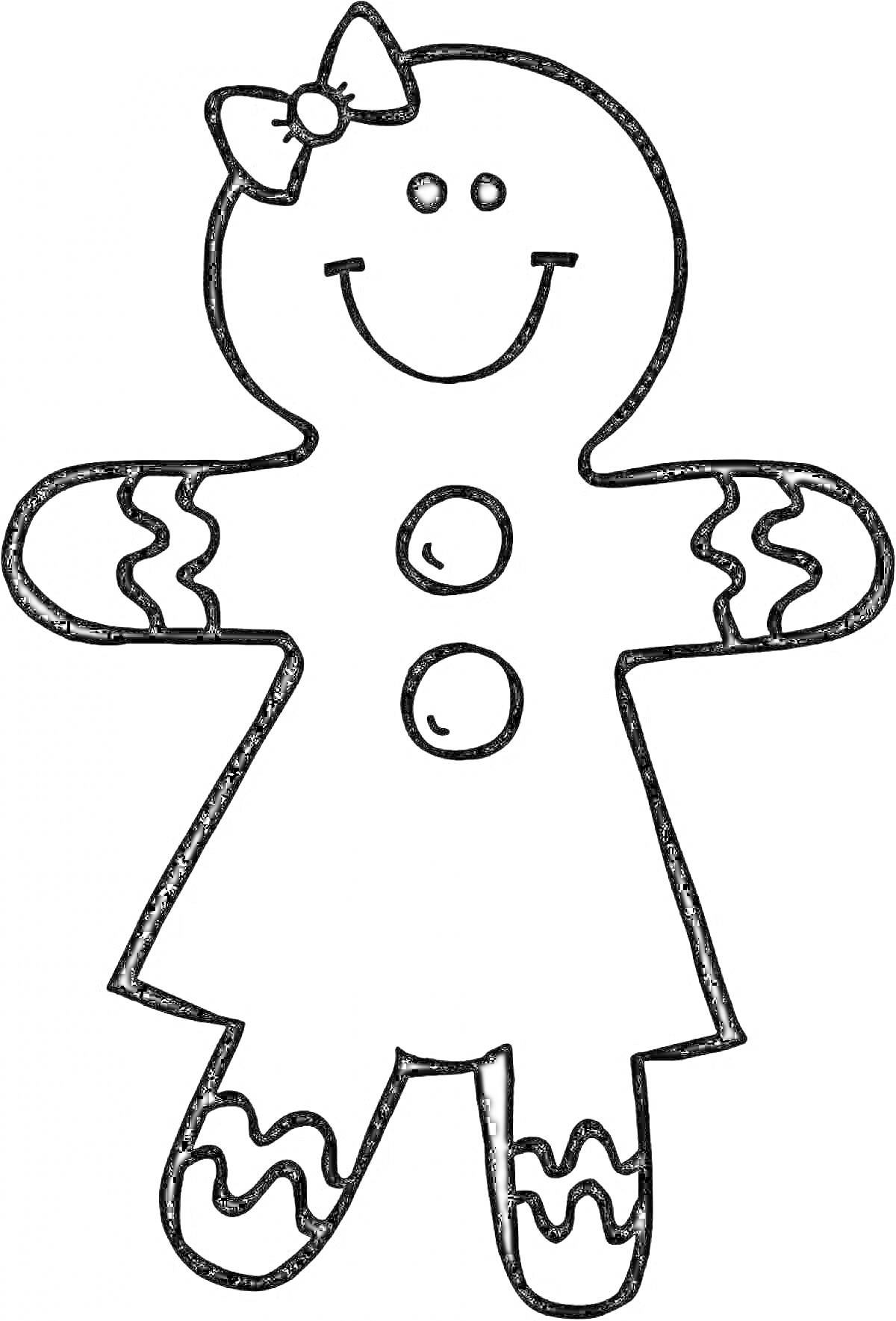 Раскраска Девочка-пряничный человечек с бантиком, двумя пуговицами и украшениями на руках и ногах