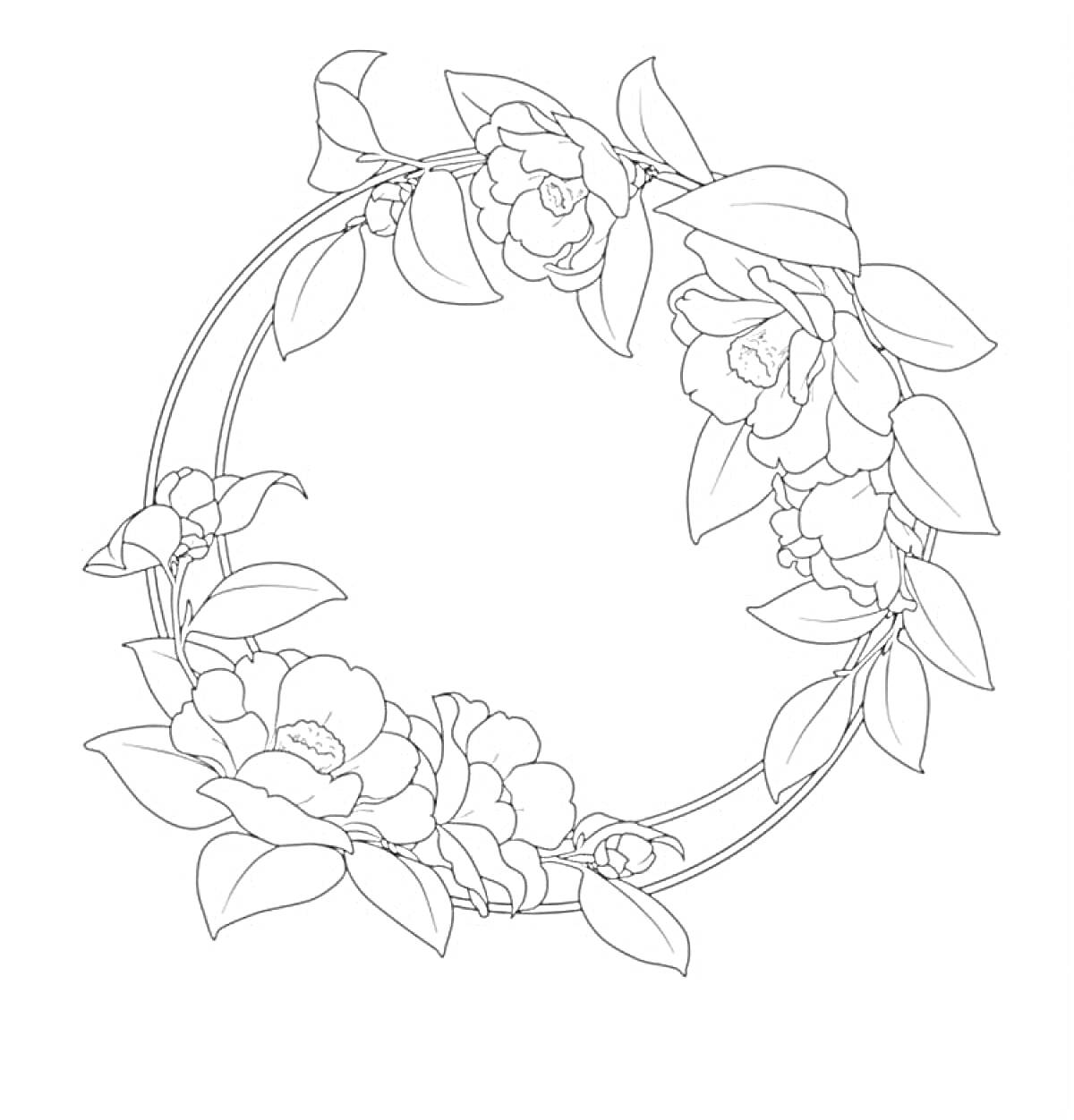 На раскраске изображено: Венок, Цветы, Розы, Листья, Кольцо, Ботаника