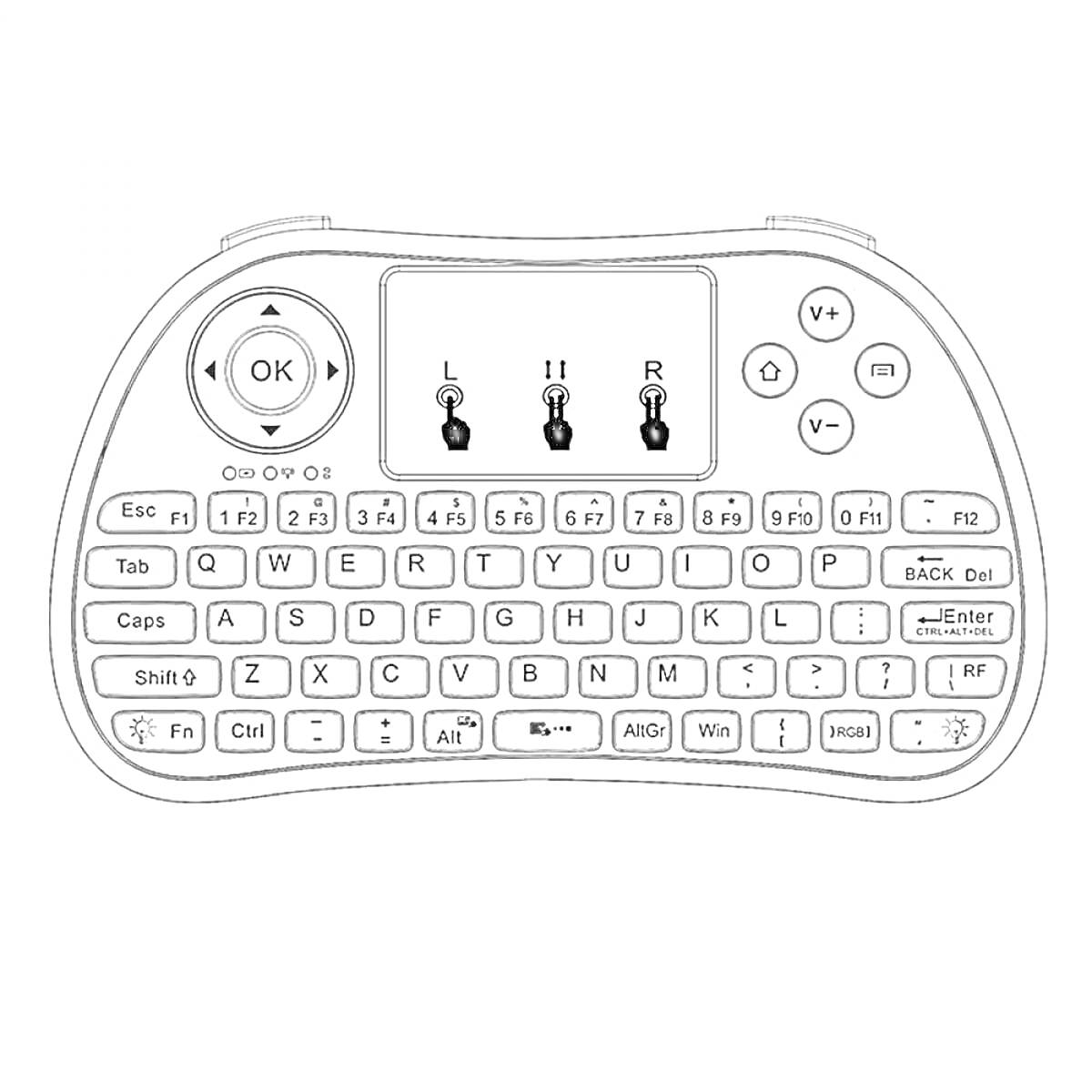 бесшнуровая мини-клавиатура со встроенным тачпадом и английской раскладкой