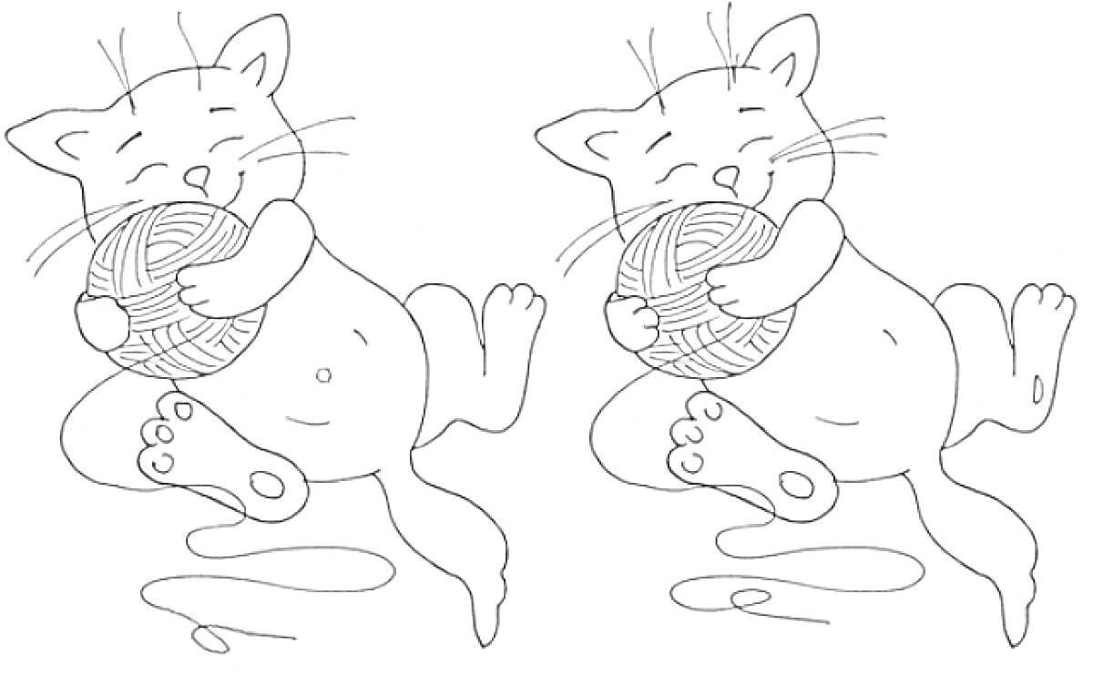 На раскраске изображено: Кот, Найди отличия, Игра, Животные, Веселье, Для детей, Клубки ниток, Прыжки