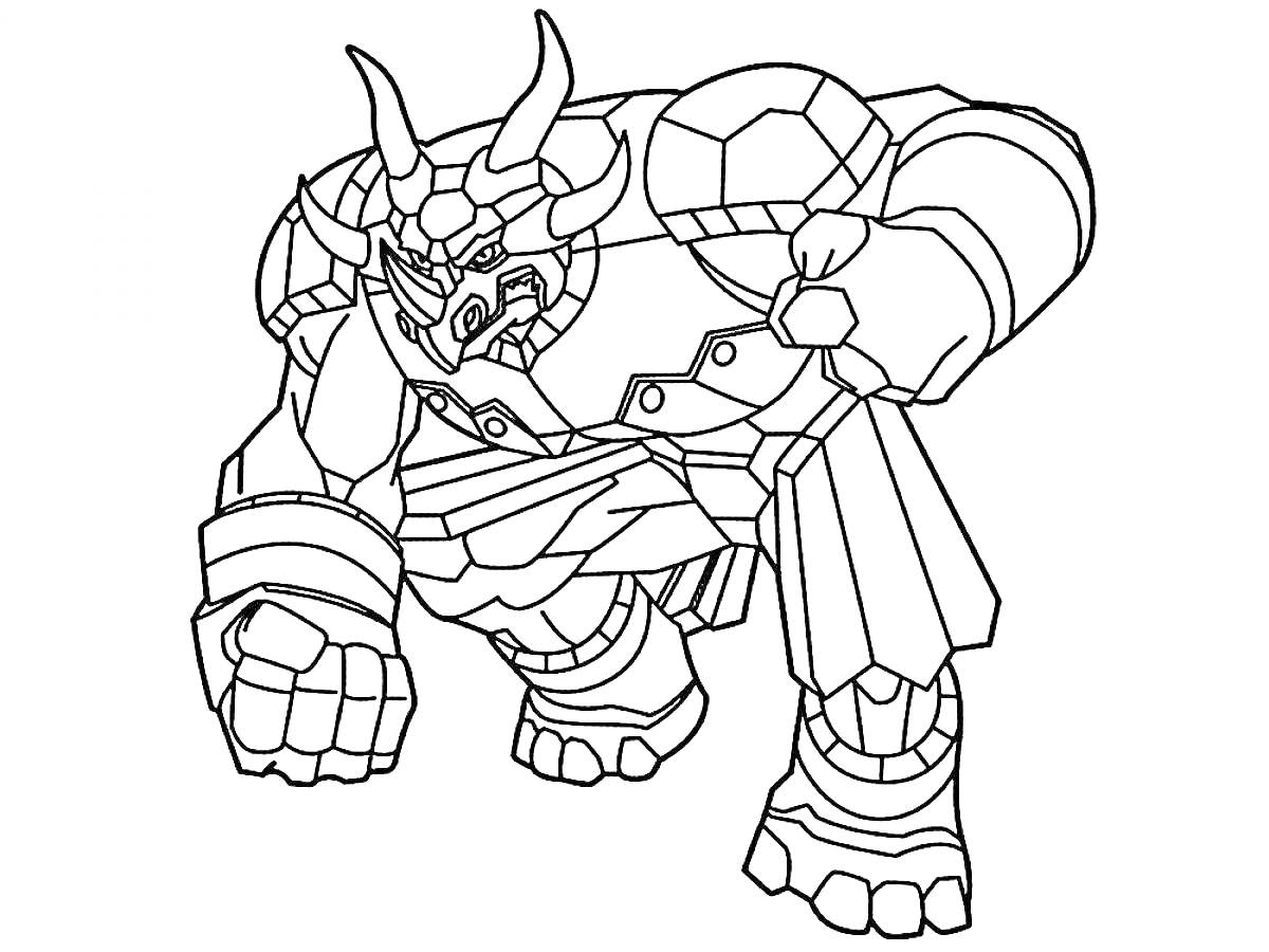 Раскраска Бакуган со стальным роботом с рогами и мускулистыми руками