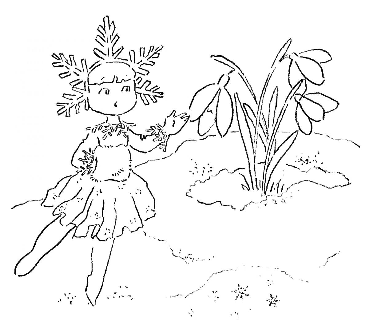 Раскраска Девочка-снежинка рядом с подснежниками