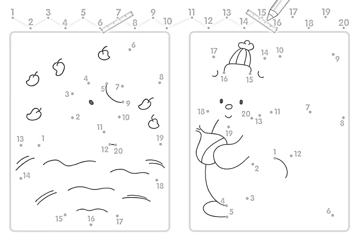На раскраске изображено: Снежный человек, Цифры, Зима, Яблоко, Соедини точки