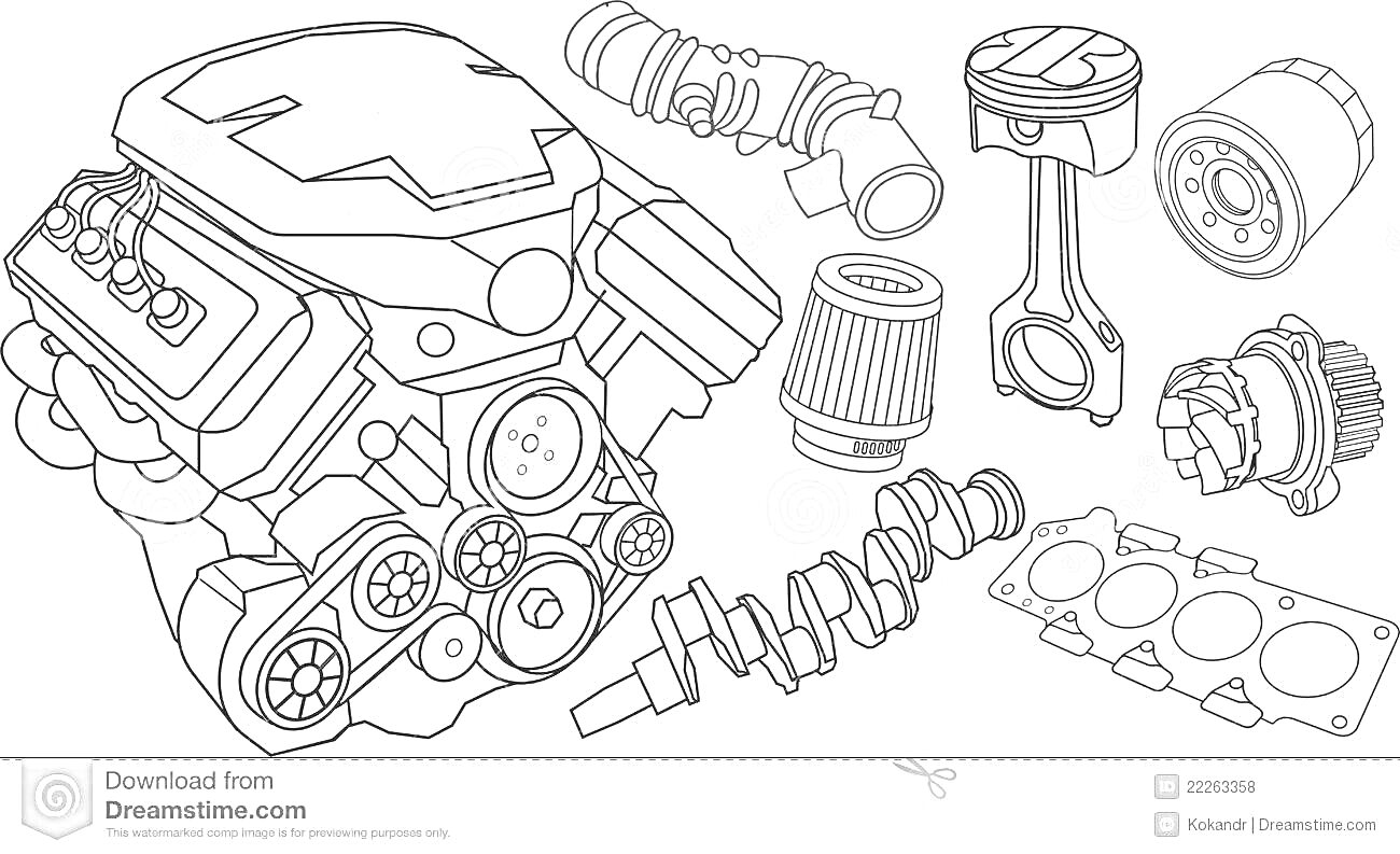 Раскраска Двигатель с компонентами: блок двигателя, распределительный вал, поршень с шатуном, масляный фильтр, насос, прокладка ГБЦ