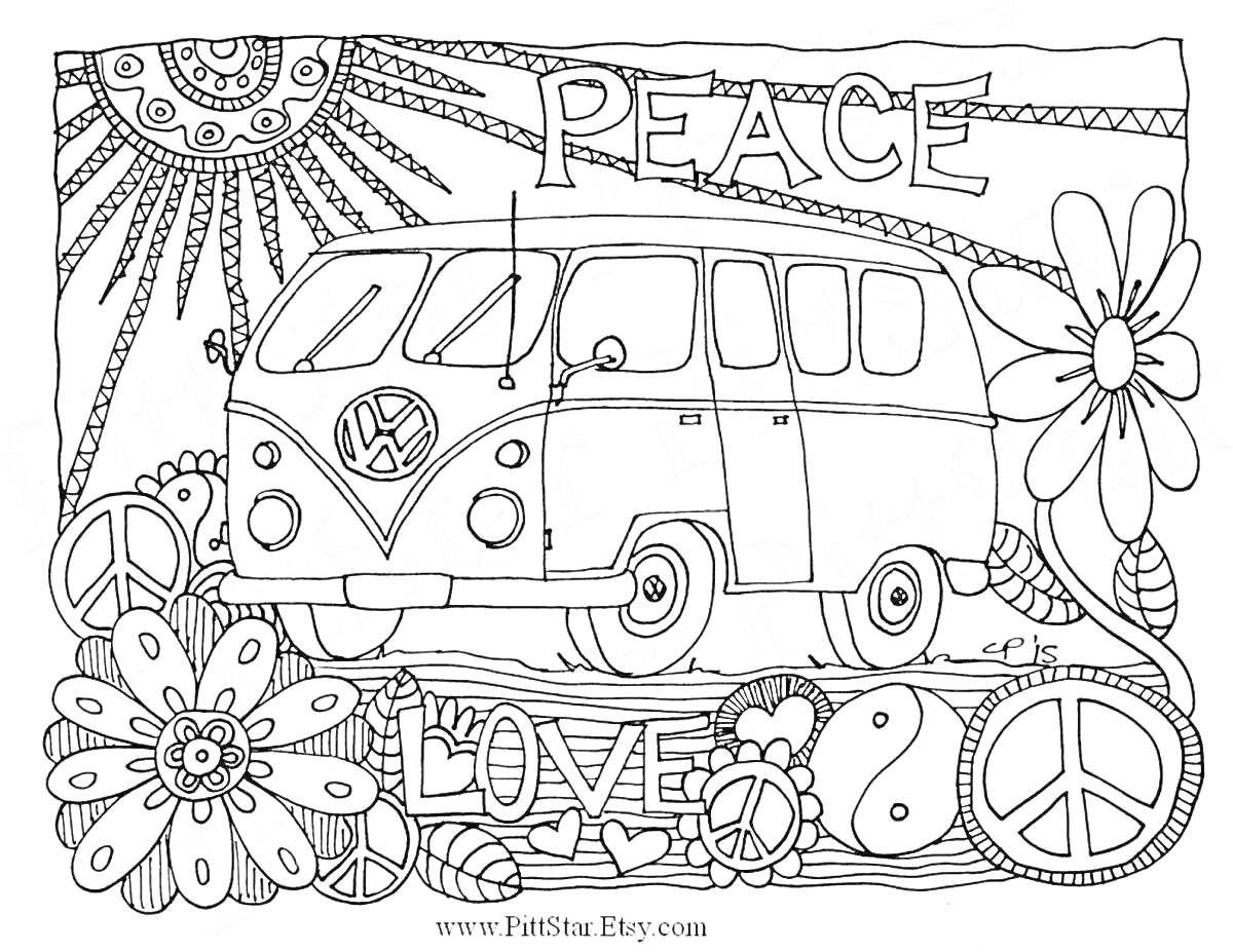На раскраске изображено: Антистресс, Автобус, Солнце, Цветы, Символ мира, Любовь, Хиппи, Ретро, Машины
