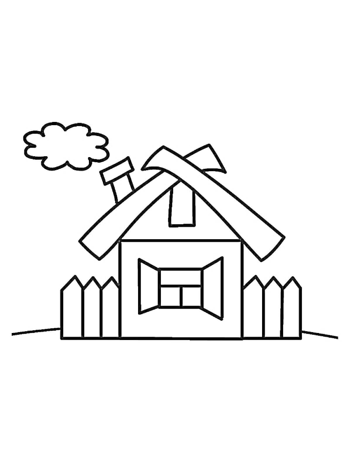 На раскраске изображено: Изба, Деревянный дом, Труба, Забор, Линия горизонта, Облака, Окна