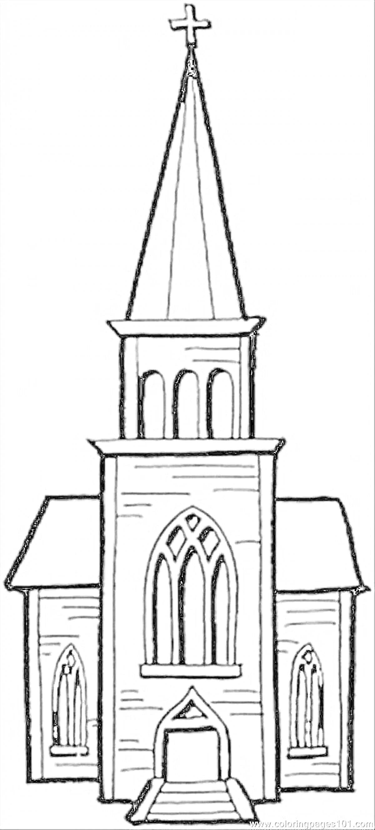Раскраска Часовня с высоким шпилем и крестом, центральным окном с тремя арками, боковыми окнами и входом с лестницей