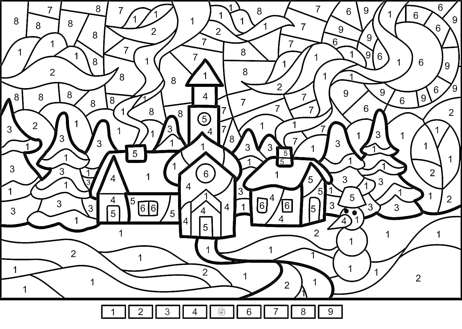 Раскраска Деревня зимой с домиками, церковью, ёлками и снеговиком