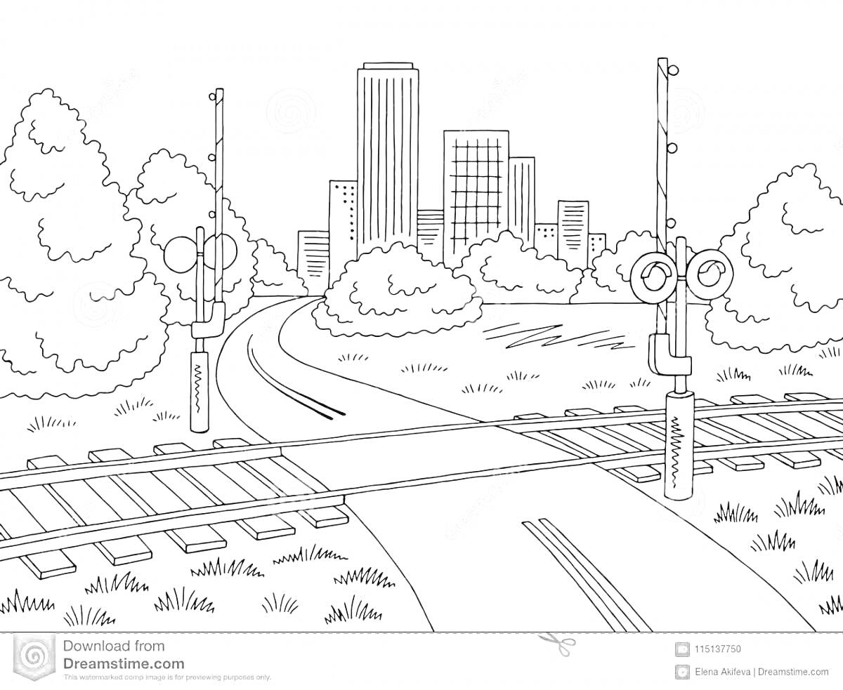 На раскраске изображено: Железнодорожный переезд, Рельсы, Многоэтажные здания, Деревья, Безопасность, Железная дорога