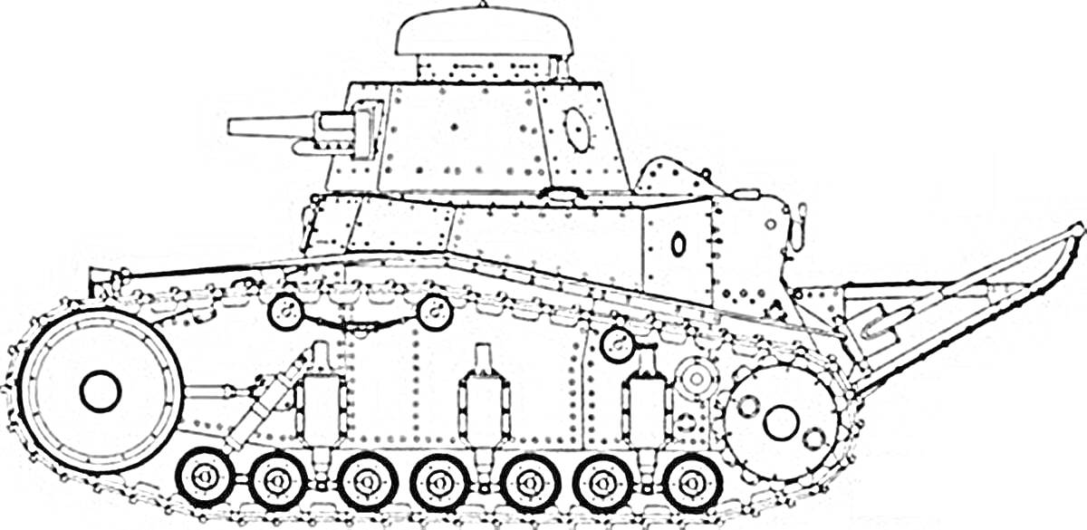 Раскраска Танковый чертёж: Танк Т-26 с башней, гусеницами, колесами и орудиями