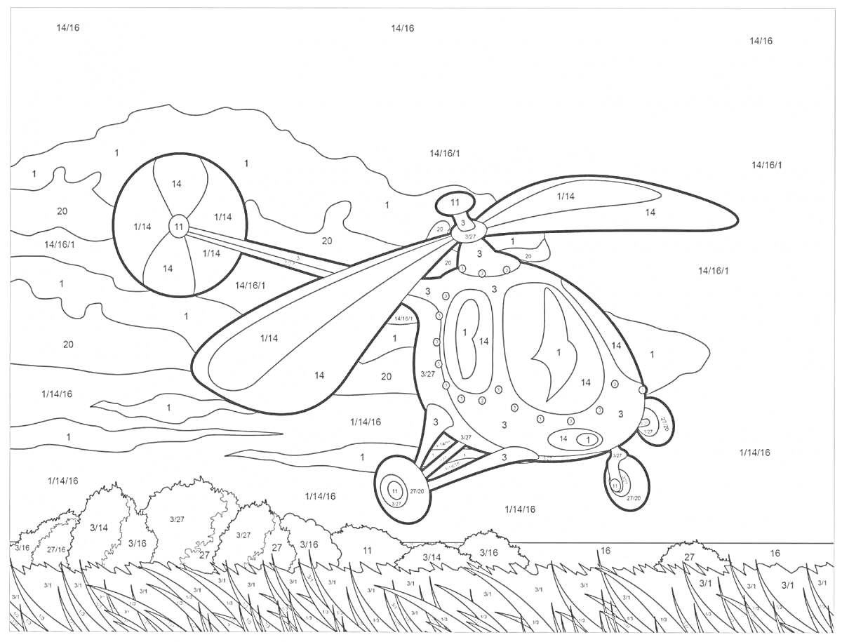 Раскраска Раскраска по номерам с изображением вертолёта на фоне облаков, деревьев и травы
