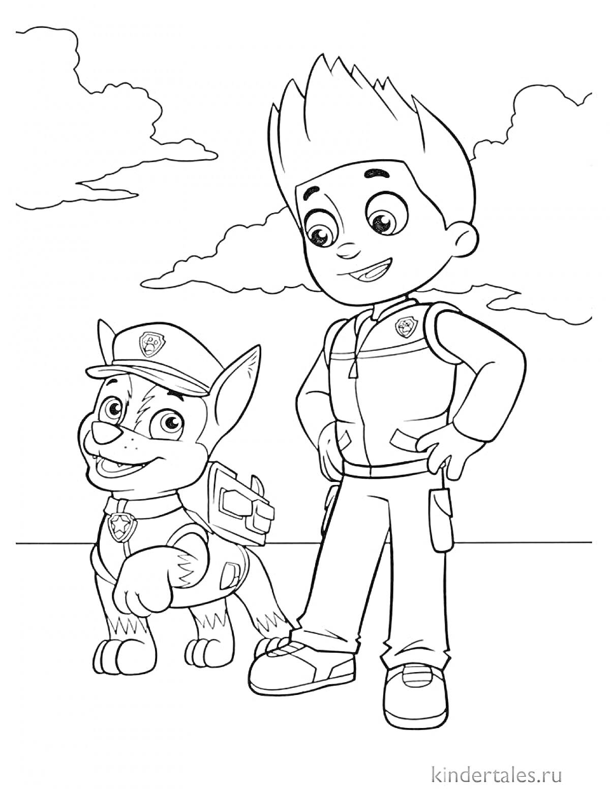 Раскраска Человек и собака-полицейский на фоне облаков