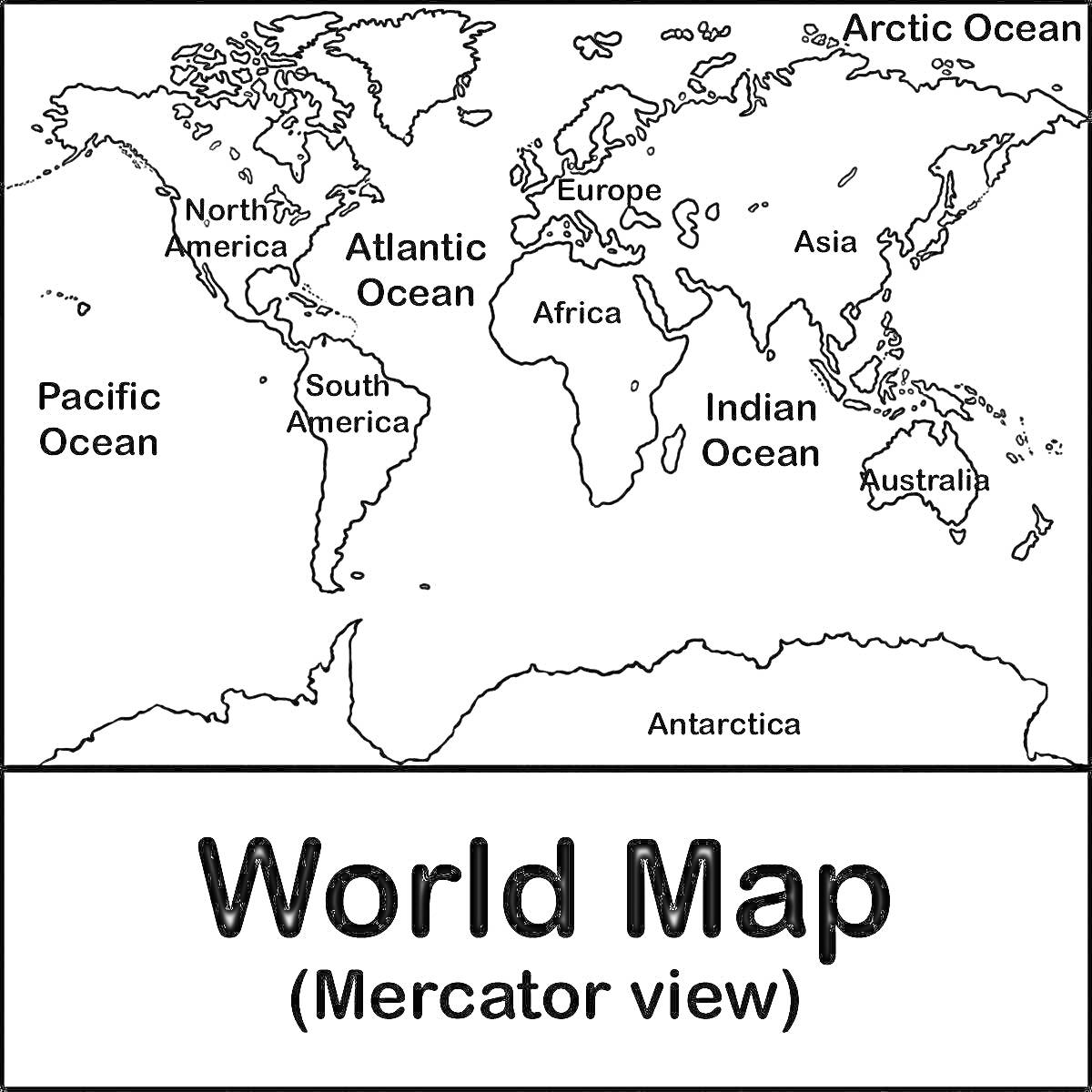 Карта мира (вид Меркатора) с названиями континентов, океанов и Антарктиды