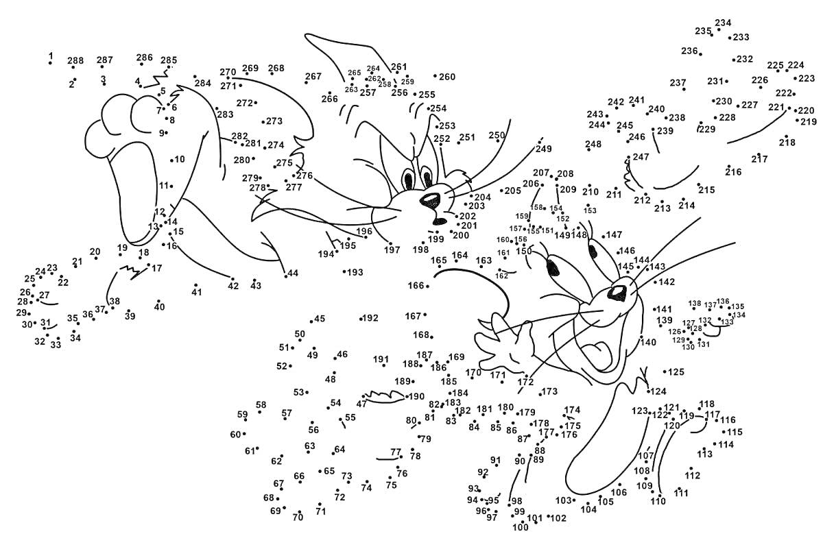 Раскраска Мультяшные персонажи - кошка и мышь, соединение по точкам