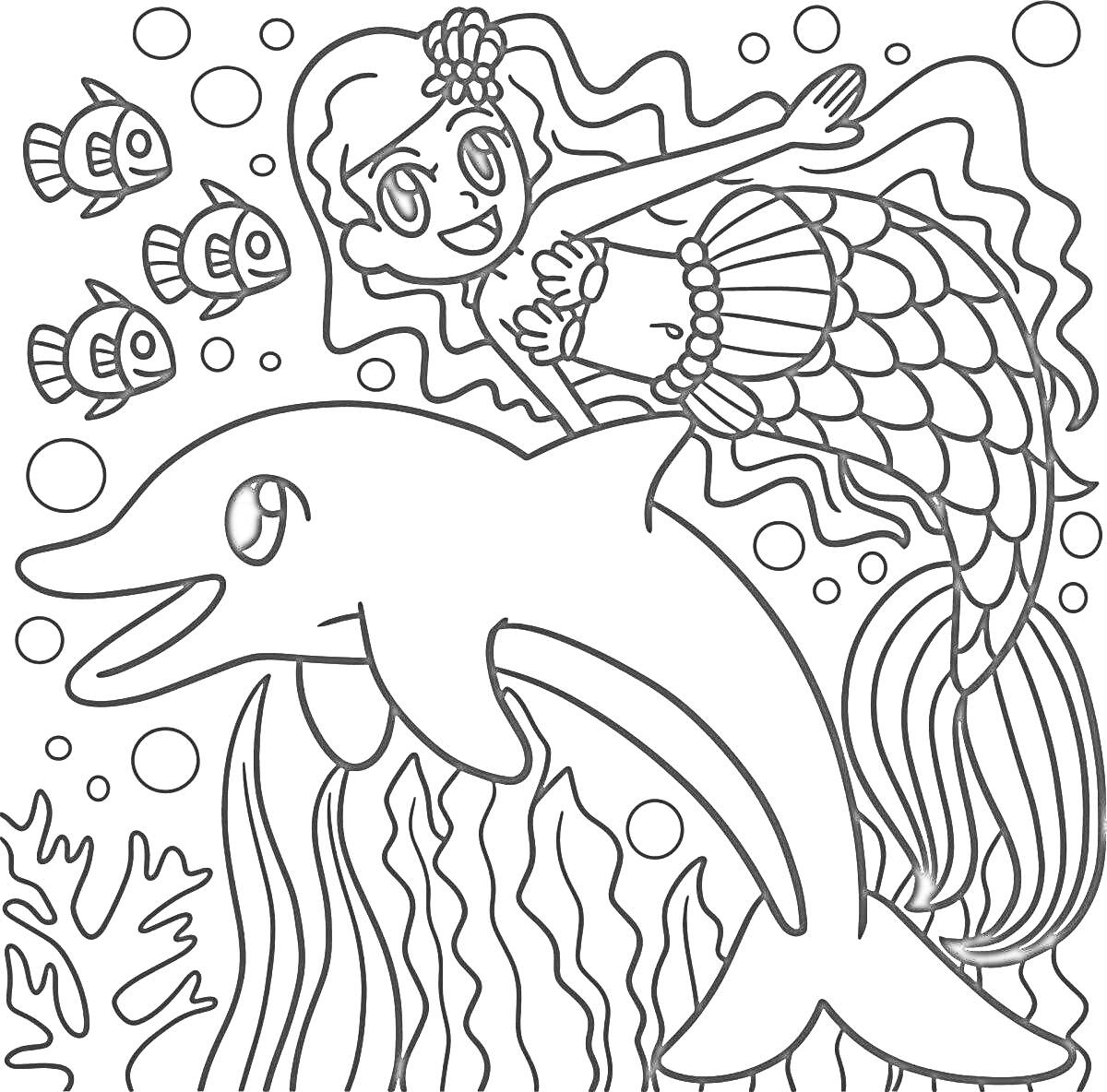 Раскраска Русалка и дельфин с рыбками и водорослями