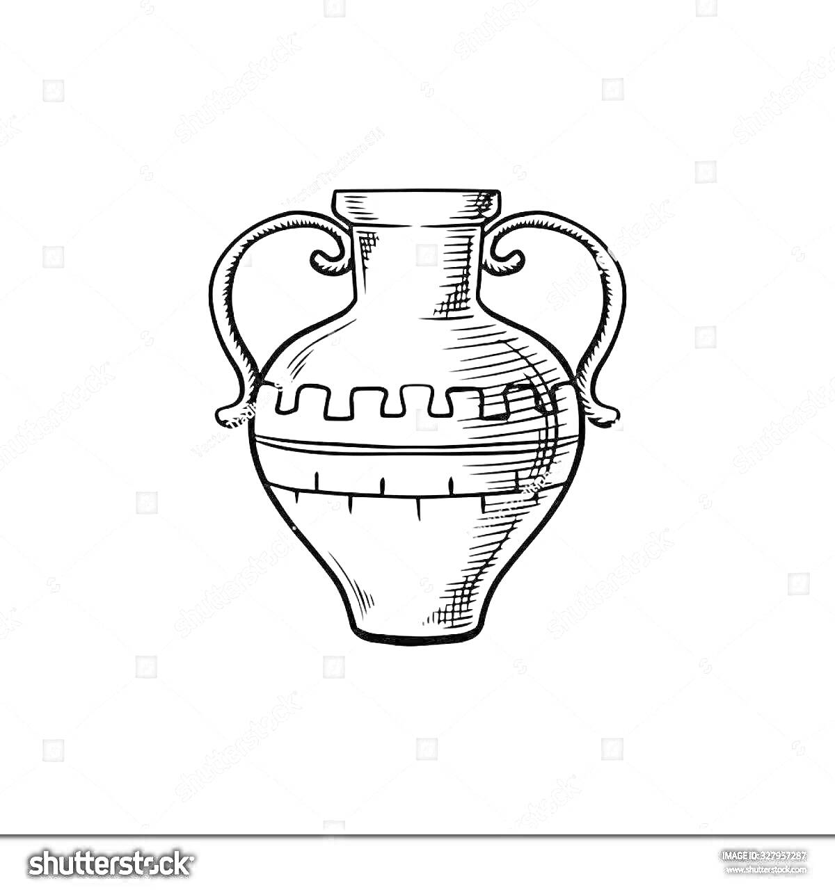 Раскраска Чёрно-белая раскраска амфоры с двумя ручками и декоративными полосами