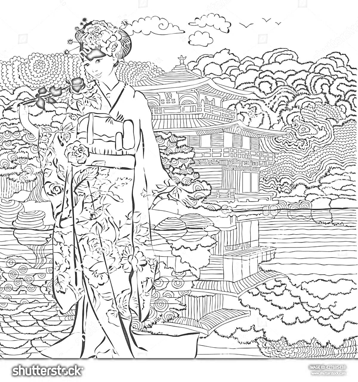 На раскраске изображено: Япония, Кимоно, Традиционная одежда, Храм, Природа, Горы, Облака, Культура